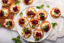 Party Appetizers With Turkey, Brie And Cranberry Sauce