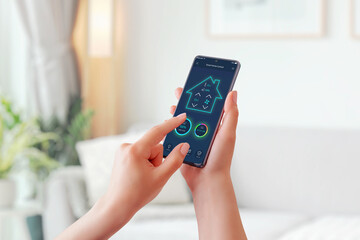 Poster - Girl regulates the lighting of her home with smart mobile phone app. Living room interior in background