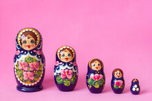 Matryoshka Set Of Wooden Toys In Russian National Style, Traditional Souvenir From Russia