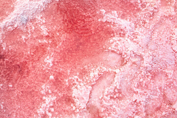 Pink lake - texture of pink salt as a background, unusual nature. A unique rare natural phenomenon. Salt lake with pink algae. Beautiful landscape.