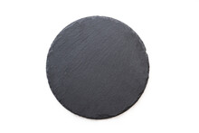 Round Slate Plate, Black Slate Board Isolated On White. Top View