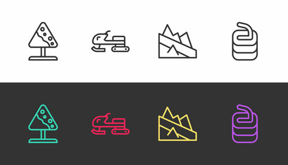 Sticker - Set line Road sign avalanches, Snowmobile, Mountain descent and Stone for curling on black and white. Vector