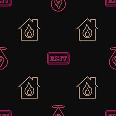 Sticker - Set line Location with fire flame, Fire in burning house and exit on seamless pattern. Vector