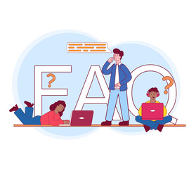 Poster - frequently asked questions concept. men and women with gadget next to large letters faq. users looki