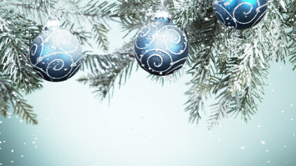 Wall Mural - Christmas balls hanging on snowy fir tree