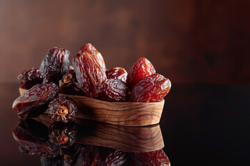 Juicy dates on a black reflective background.