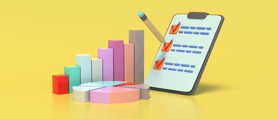 Business analysis, strategy planning, checklist tasks, charts on yellow background. 3d illustration