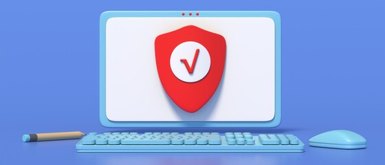 Poster - computer virus shield sign on pc screen, blue background. cyber security concept. 3d illustration