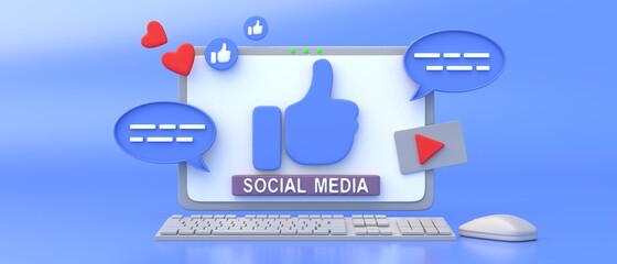 Poster - social media marketing concept. social networking icons on minimal computer screen. 3d illustration