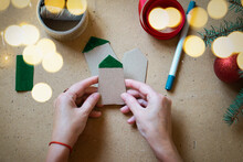 Christmas Advent Calendar With Gifts For Children. DIY Instruction, Step By Step. Selective Focus, Warm Vintage Toning