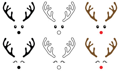 Wall Mural - Simple Rudolph the Red Nosed Reindeer Face with Antlers - Clipart Set
