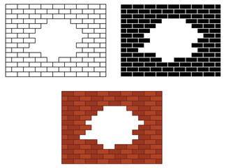 Poster - Broken Brick Wall with a Hole Clipart Set - Outline, Silhouette and Colored