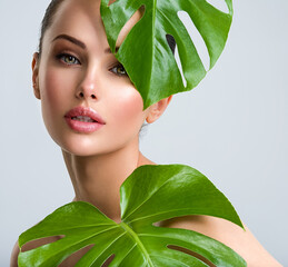 Wall Mural - beautiful woman with green leave near face and body. closeup girl's face with green leave. skin care