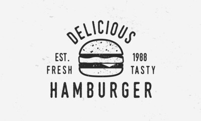 Wall Mural - Hamburger vintage logo, poster. Vintage burger cafe logo with grunge texture. Trendy vintage design. Vector illustration