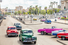 Old Vintage Retro Cars On The Road In The Center Of Havana, Cuba