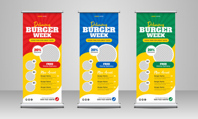 Wall Mural - fast food restaurant business marketing roll up or x banner template design with abstract background