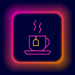 Sticker - Glowing neon line Cup of tea with tea bag icon isolated on black background. Colorful outline concept. Vector