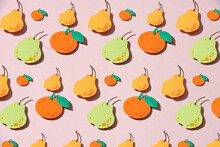 Pattern Of Pears And Oranges. Fruit Made Of Paper