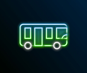 Sticker - Glowing neon line Airport bus icon isolated on black background. Colorful outline concept. Vector