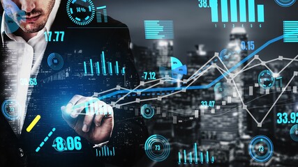 Poster - Double Exposure of Business and Finance Conceptual - Businessman with report chart up forward to financial profit growth of stock market investment.