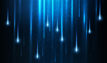 Wall Mural - Meteor rain with falling glowing comets. Abstract light digital background. Neon Light Particles, luminous rays in motion, technology, network. falling glowing neon lights. Falling stars. Vector EPS10