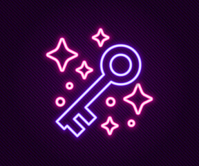 Wall Mural - Glowing neon line Old magic key icon isolated on black background. Colorful outline concept. Vector