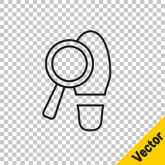 Sticker - Black line Magnifying glass with footsteps icon isolated on transparent background. Detective is investigating. To follow in the footsteps. Vector