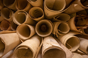 Poster - Vintage scribe library. Retro futhpak scrolls stacked on a pile.