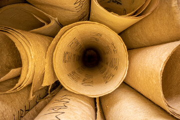 Poster - Old scribe library. Retro futhpak scrolls stacked on a pile.