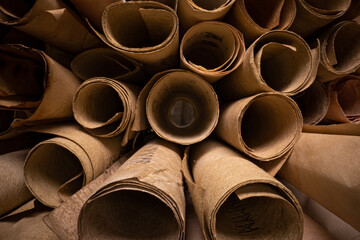 Poster - Ancient scribe library. Scrolls with futhpak symbols stacked on pile.