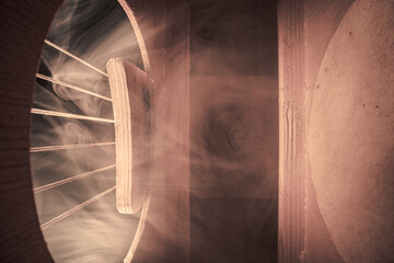 Acoustic guitar and strings from inside. Interior of guitar.