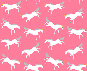 Sticker - Vector seamless pattern of flat cartoon unicorn isolated on pink background