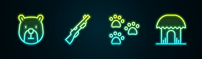 Poster - Set line Bear head, Hunting gun, Paw print and African hut. Glowing neon icon. Vector