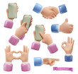 Hands with a mobile phone, handshake, heart sign, okay, thumb up, pointer gestures. 3d cartoon vector icon set