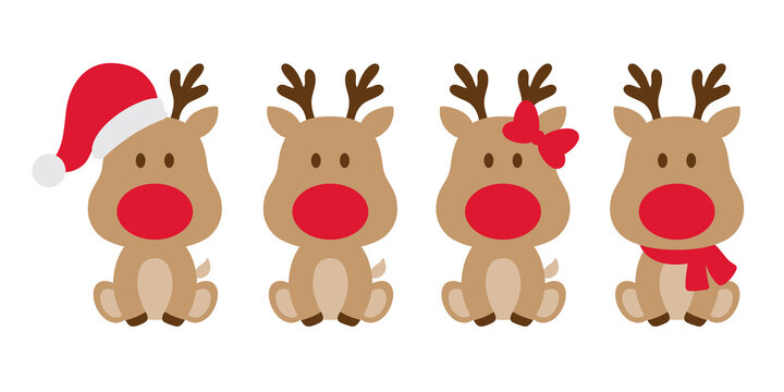 Fototapete - Cute baby Christmas reindeers with Santa hat, bow, and scarf vector illustration.