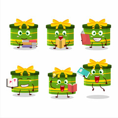 Sticker - A picture of green round gift cartoon character concept reading an amusing book