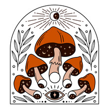 Magic Mushrooms And Moon Phases For Esoteric Theme Designs. Color Vector Illustration.