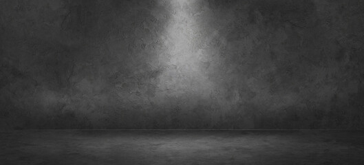 Fototapete - Old Grey Grungy Room With Empty Floor And Wall With Spotlight