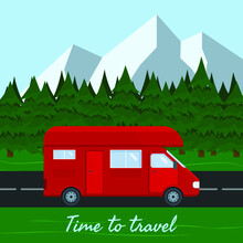 Red Camper Van On Road In Forest. Time To Travel Poster Or Banner. Vector Flat Illusrtation