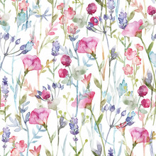 Beautiful Floral Vector Seamless Pattern With Cute Watercolor Hand Drawn Abstract Wild Flowers. Stock Illustration.