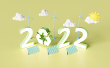 New Year 2022 Sign With Solar Panels, Wind Turbines And Recycling Symbol