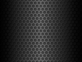 Vector metal hex grid seamless pattern on black background. Black iron hexagonal grill endless texture. Web page fill