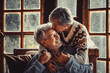 © simona - Senior people at home in love kissing and caring each other. Happy relationship mature man and woman together. Old male sitting on the couch and aged woman hugging him with care
