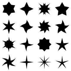Poster - Sixteen different black stars. A set of all kinds of stars in black. Multi-pointed and five-pointed stars, twisted and slender. Vector selection of stars.