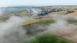 Drohnenaufnahme, Spessartdorf  und Agrarland mit Nebel