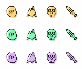 Set line Skull, Magic runes, Witch cauldron and Dagger icon. Vector