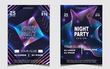 Cover Music Poster Flyer Design Template Background With Layout Colorful On Dark Blue Glitters Style. Light Electro Vector For Event Festival Concert, Dancing, Disco, Night Club Invitation