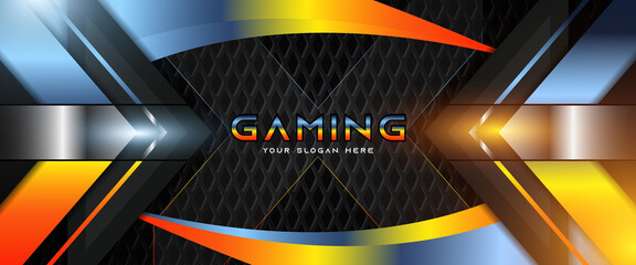 Sticker - Futuristic light gradient gaming banner design with metal technology concept. Vector illustration for business corporate promotion, game header social media, live streaming background