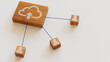 © RocknRoller Studios - Data storage Technology Concept with cloud upload Symbol on a Wooden Block. User Network Connections are Represented with Blue string. White background. 3D Render.