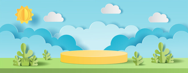 3D paper cut of Summer season on green nature landscape, sun and clouds on blue sky background with circular stage podium. Vector illustration